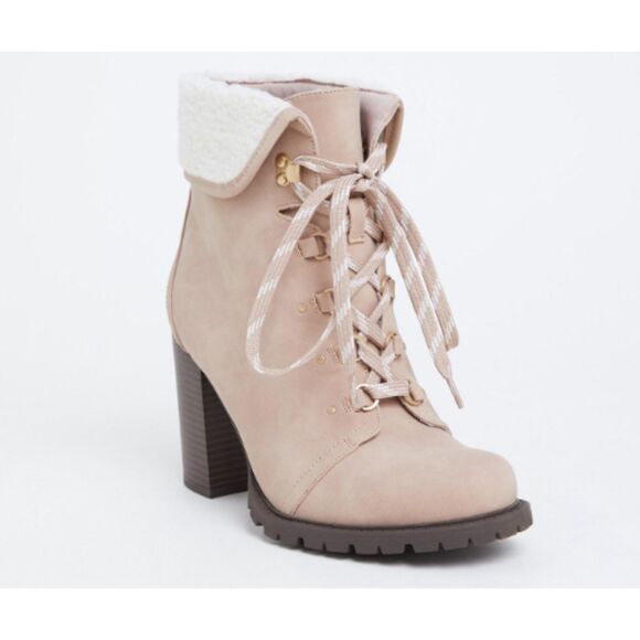 Torrid Foldover Lace Up Shearling Combat Bootie Block Heels Womens 8 W Tan New - Picture 2 of 13